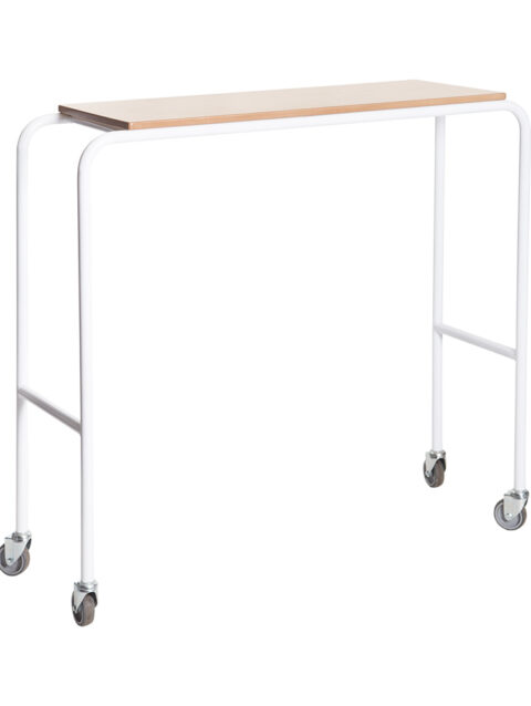 EPOXY COATED FIXED HEIGHT OVERBED TABLE, WOOD TOP